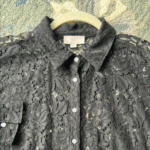 LOFT Black Lace Button-Up Blouse Size petite medium